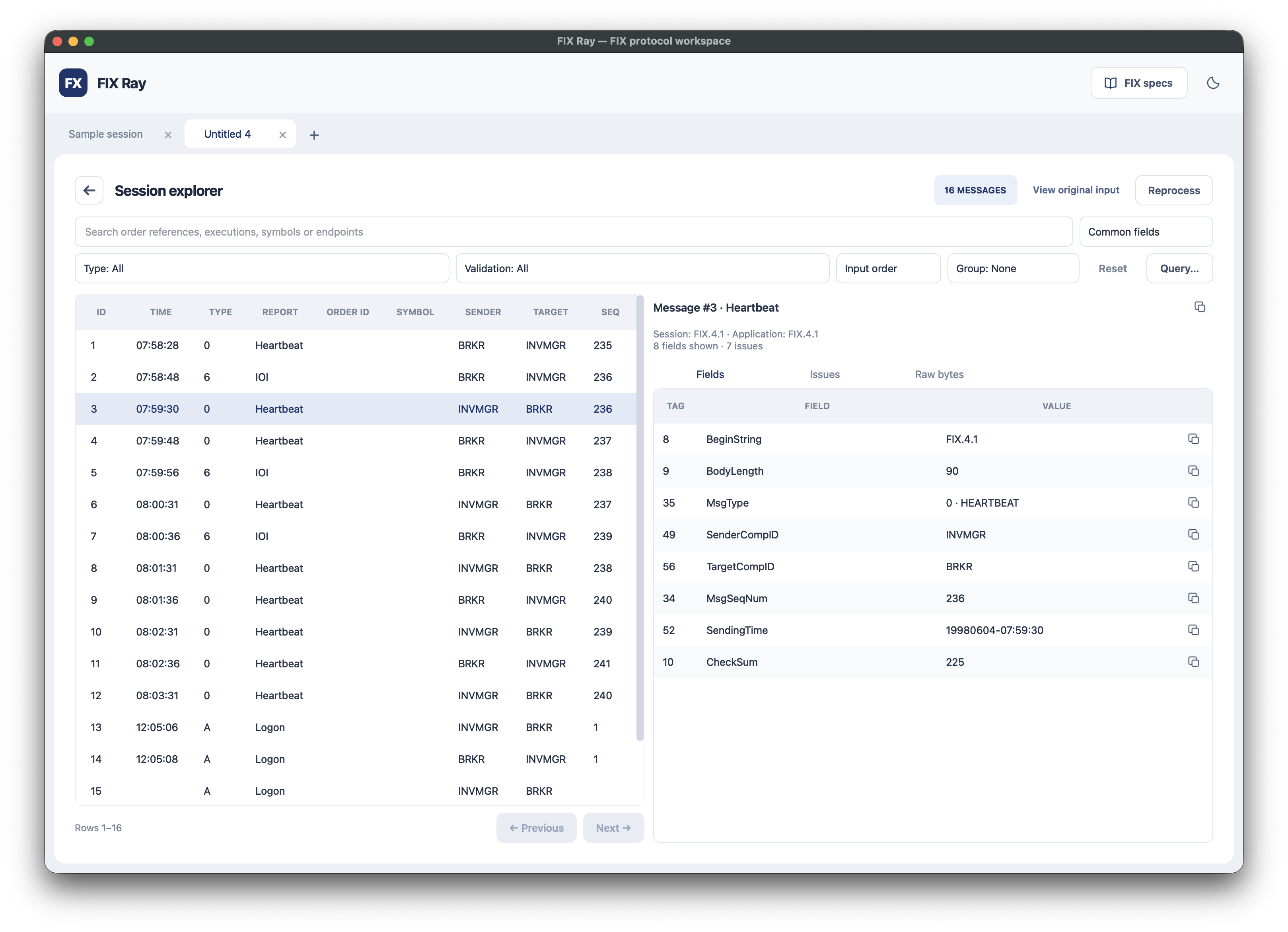 FIX Ray session explorer with search, message type and validation filters, sorting and grouping controls, and a selected heartbeat message’s fields.